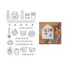 Set of kitchen-themed stamps with various illustrations and text on a white background.