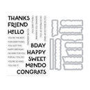 Set of metal dies with various phrases and shapes on a white background