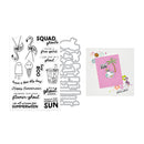 A summer-themed stamp set and card design featuring flamingos, ice cream, a drink, and playful phrases like 'SQUAD ghouls' and 'BOO'. The left side shows black-and-white stamp designs and a die, while the right side shows a pink card with a tropical flamingo illustration.