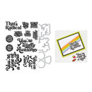 Set of die-cut phrases and a card with rainbow design on a white background