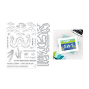 Set of stamps with various designs and a stamped card on a white background