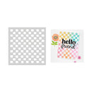 Grid stencil and decorative card with 'hello friend' text on a white background