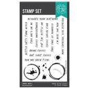 Hero Arts stamp set with coffee-themed phrases and designs on a white background