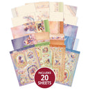 Collection of decorative paper sheets with floral and vintage designs, including a label indicating 20 sheets included.