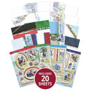 Collection of decorative paper sheets with horse-themed designs on a white background.