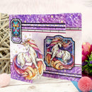 Colorful unicorn design on a purple card with decorative elements.