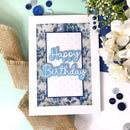 Birthday card with blue floral design and 'Happy Birthday' text, surrounded by decorative items on a light green background.
