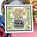 Greeting card with a watering can and floral design, featuring the text 'Birthday wishes for someone special'.