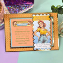 Birthday card with vintage-style illustration of a woman and humorous text on a colorful background.