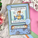 Children's birthday card with a cartoon character on a couch, surrounded by decorative elements.