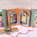 Open book with vintage-style illustrations and text on a light background