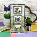 Greeting card with garden-themed illustrations on a colorful surface with plants and decor.