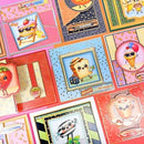 Collection of colorful greeting cards with cartoon characters on a patterned background
