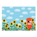 Cartoon mailbox with sunflowers and a blue sky background