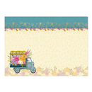 Floral truck design on a decorative card with a blue border and floral patterns.