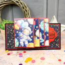 Children's birthday card with space-themed design featuring an astronaut and balloons.