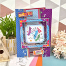 Colorful card with celebratory design on a geometric background