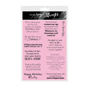 Packaging of 'For the Love of Stamps' with humorous text on a pink background