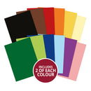 Assortment of colored paper sheets with a label indicating '2 of each colour' on a white background.