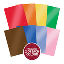 Set of 10 colorful sheets with a label indicating 'Includes 2 of each colour' on a white background.