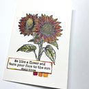 Card with sunflower illustration and inspirational quote on a white background