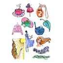 Illustrations of various objects including a teacup, perfume bottle, frog, sweater, dress, and musical notes on a white background.