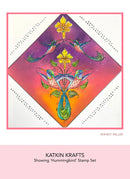 Colorful stamp set with hummingbirds and flowers by Katin Krafts on a pink background.