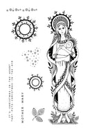 Black and white illustration of a woman holding a baby with decorative elements on a white background.