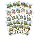 Collection of greeting cards with garden-themed designs on a white background