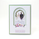 Wedding card with a couple under a floral arch and decorative text on a white background