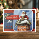 Christmas card with Santa Claus on a chimney, 'Jingle Bells' text, and decorative elements.