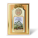 Birthday card with decorative elements and a greenhouse illustration on a white background