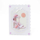 Greeting card with high-heeled shoes and flowers on a white background