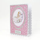 Decorative card with floral pattern and cake illustration on a white background