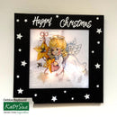 Decorative Christmas card with an angel holding a star, surrounded by stars and the text 'Happy Christmas'.