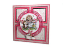 Decorative card with teddy bears and floral elements on a white background