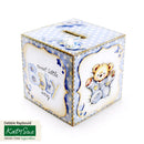 Decorative baby money box with teddy bear design and text on a white background