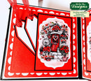 Decorative greeting card with festive design featuring a house and trees, branded 'Kathy Tees Designs'.