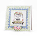 Wedding card with a vintage car and floral decorations on a decorative border.