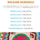 Release schedule for a pattern launch with colorful crochet design at the bottom.