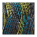 Close-up of multicolored yarn with shades of green, blue, and brown.