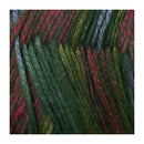Close-up of multicolored yarn with green, red, and purple hues.