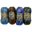 Four skeins of Firefly yarn with labels on a white background