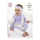 Baby wearing a knitted sweater and headband with King Cole branding on a white background