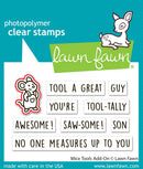 Lawn Fawn photopolymer clear stamps set with cartoon mouse and deer design on a blue background.