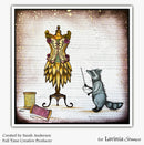 Illustration of a raccoon with a dress form and spools of thread on a textured background, created by Sarah Anderson for Lavinia Stamps.