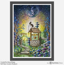 Framed artwork of a fantasy scene with a dog, mushroom house, and moonlit sky.