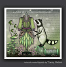 Illustration of a raccoon interacting with a mannequin wearing a green dress in a forest setting.