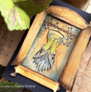 Decorative card with a detailed butterfly illustration in a wooden frame.