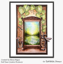 Framed artwork with a mirror, leaves, and a scenic view of a lake, created by Mona Hauge for Lavinia Stamps.
